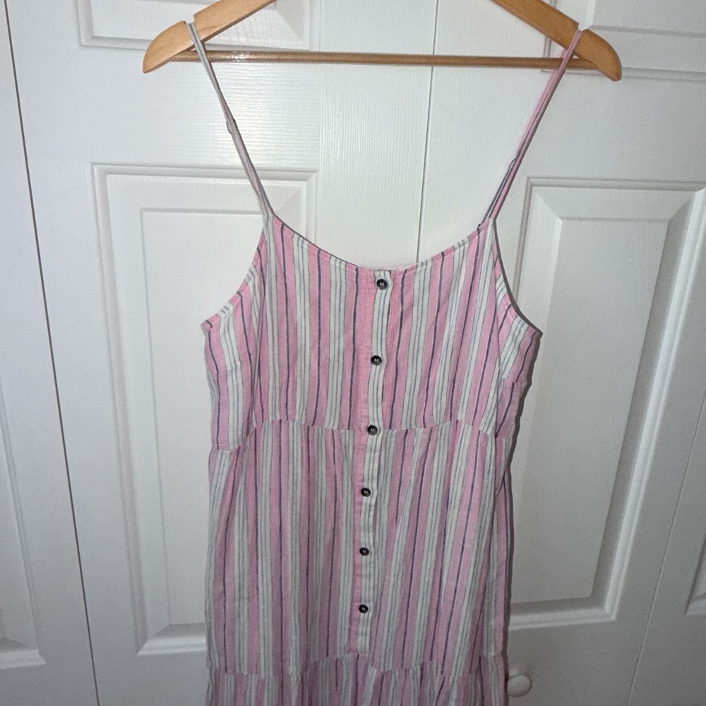 Splendid Womens Dress Med Pink Maxi Striped Sundress Linen Tiered Button Front